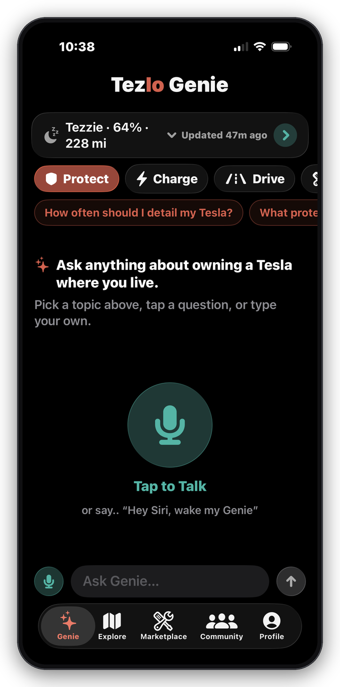 Hey Siri, wake my Genie. Hands-free help for everything about owning your Tesla.