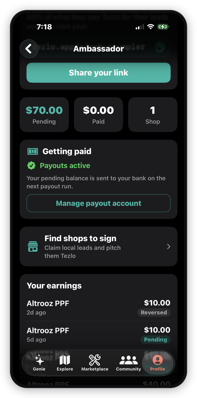 The Ambassador screen in the Tezlo app: Pending and Paid totals, payouts active, and each earning with its status
